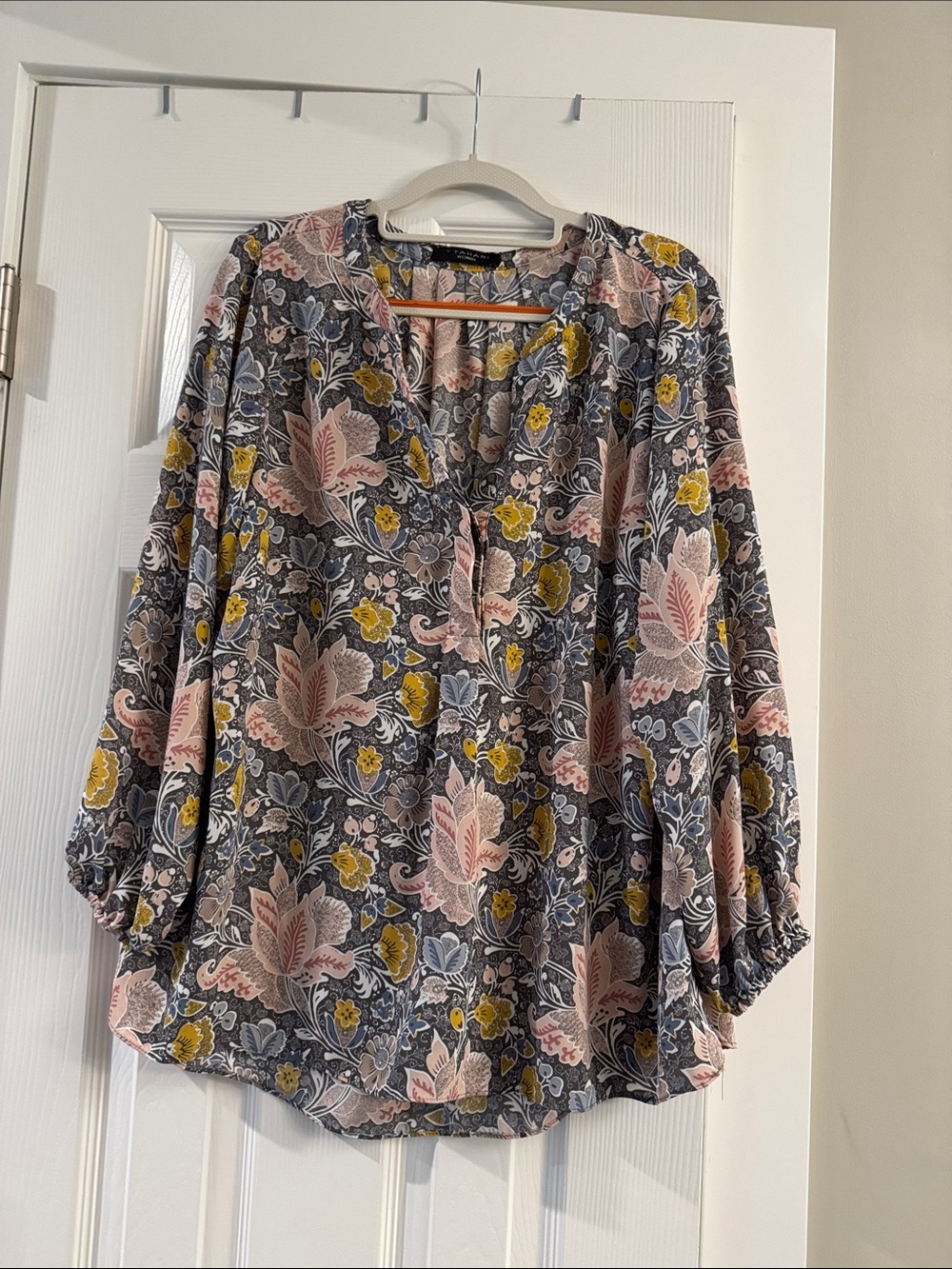 Tahari Floral Tunic Blouse in Pink, Yellow and Gray